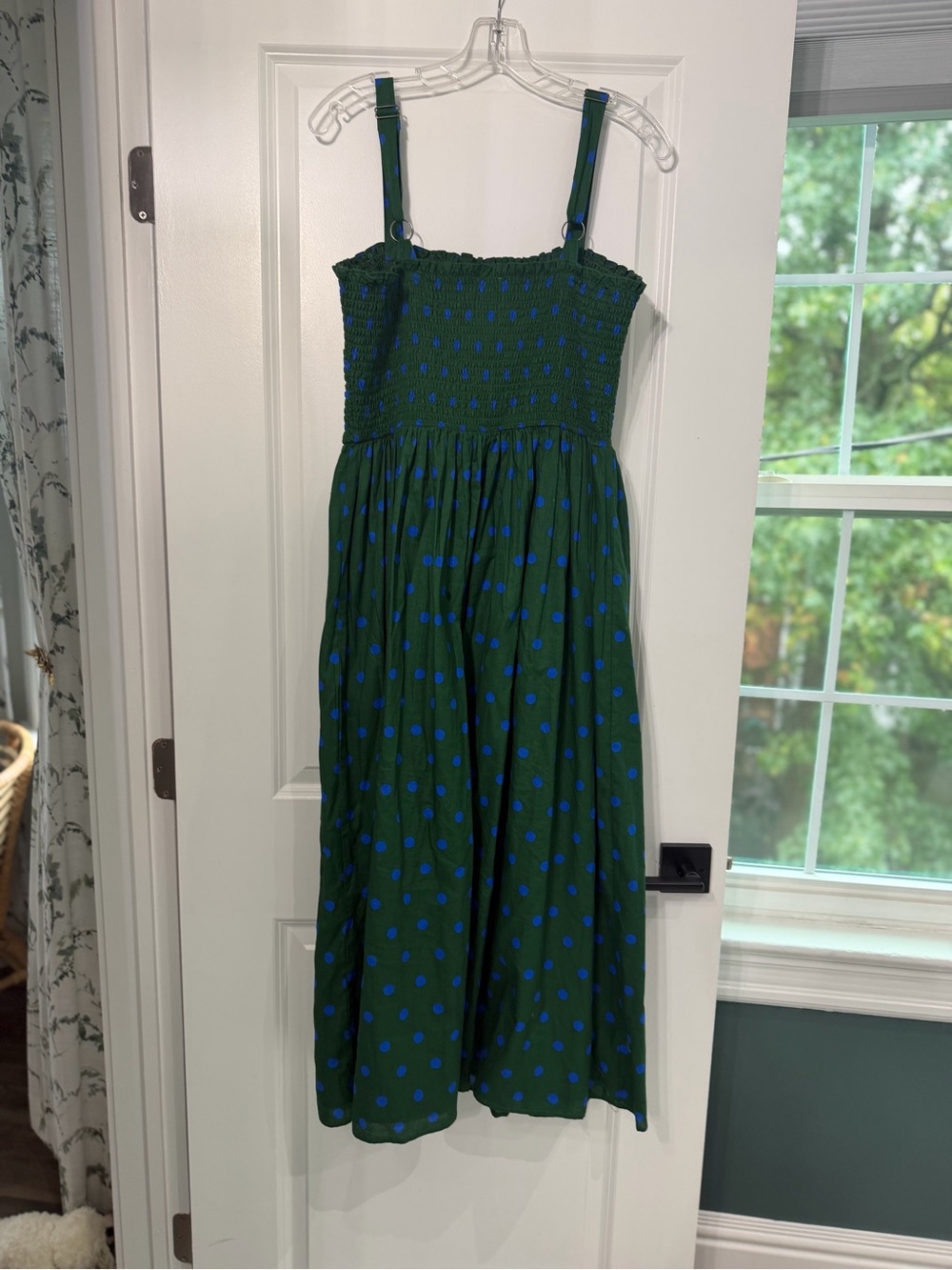 Anthropologie Green Midi Dress with Blue Polka Dots - Picture 6 of 8